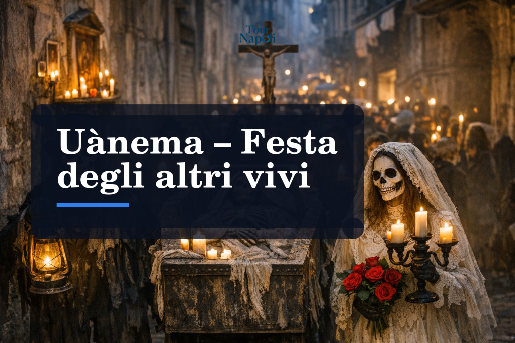 Manifesto e scorci del festival Uànema Festa degli altri vivi a Napoli tra i vicoli della Sanità